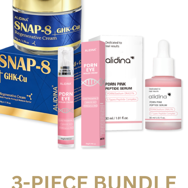 Complete Dermal Protocol three-piece bundle: SNAP-8 GHK-Cu cream, PDRN Pink peptide serum, and PDRN eye roller