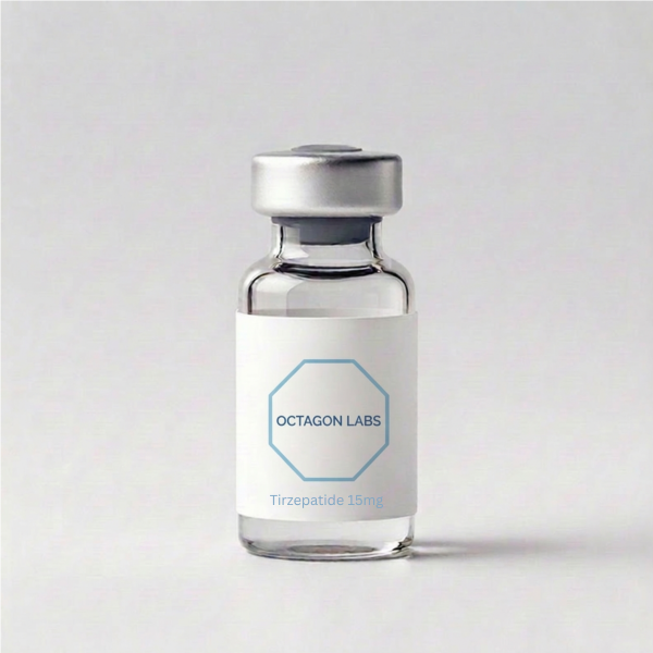 Tirzepatide 15mg research peptide vial with Octagon Labs label